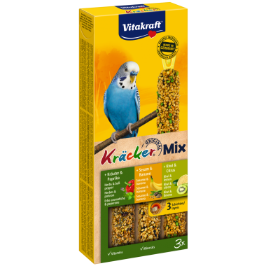 Vitakraft Kräcker Mix gyógynövény&paprika + szezám&banán + kiwi&citrom hullámospapagájnak 3db-os
